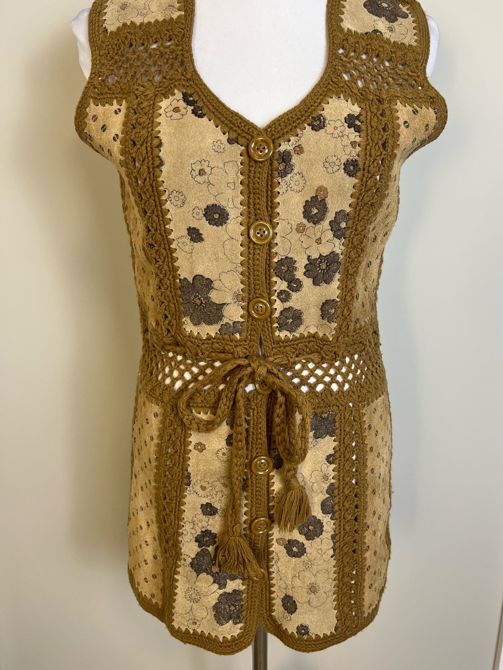 Vintage Brown Floral Crochet Suede Boho Vest